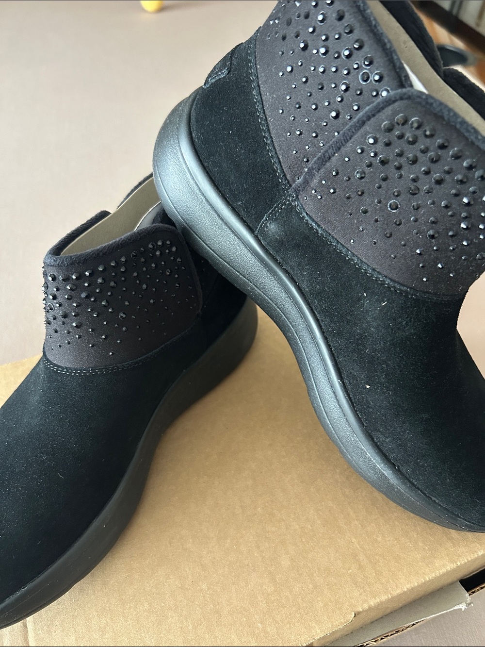 Skechers Black Suede Slip-On Ankle Booties with Rhinestone Accents